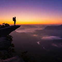 Obraz premium Hiker watching sunrise from cliff silhouette scene