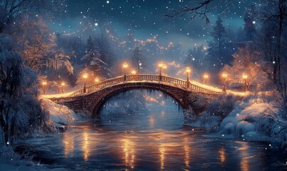 Obraz premium artistic rendering of a snowy bridge crossing a sparkling frozen river, framed by icicles and glowing lanterns, Generative AI