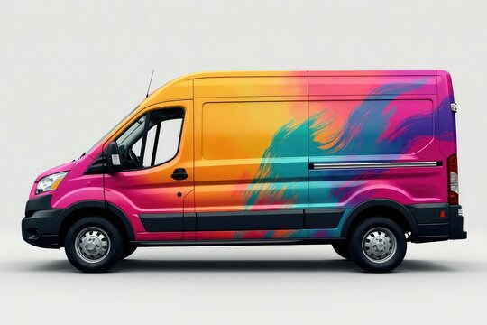 Vibrant vehicle wrap showcasing a colorful design on a delivery van , decal, transportation, visual communication