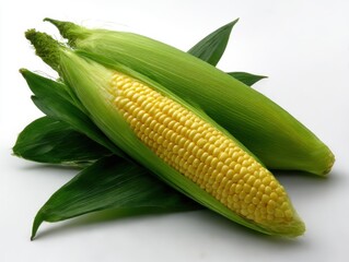 Fresh corn cobs with leaves isolated on white background
