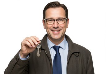 Man smiling and holding keys wearing glasses and a jacket coat isolated on white background