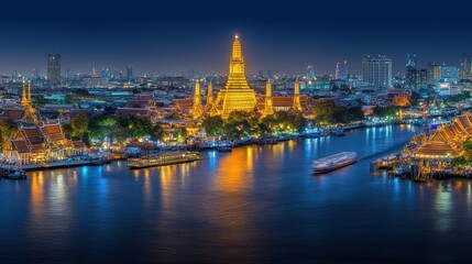 Bangkok river cityscape illuminated temple at night Thailand vibrant asian metropolis reflection travel destination tourism landscape