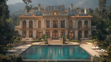 Naklejka premium Grand estate with pool, showcasing classic architecture and solar panels