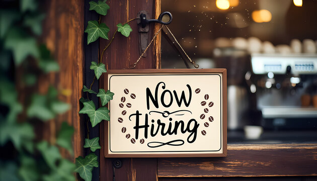 Hanging 'Now Hiring' sign adorns the wooden door of a cafe, creating an inviting, warm atmosphere. - Powered by Adobe