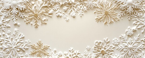 elegant holiday invitation card with intricate gold lettering and embossed snowflake designs on textured ivory paper, Generative AI