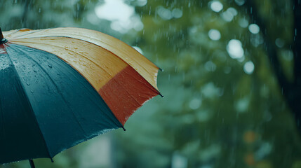 Mid-range view of colorful umbrella tilted during rainfall with visible droplets bouncing off surface, capturing seasonal weather energy and vibrant outdoor textures in rainy backdrop