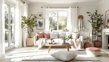 Scandinavian style living room with light wood furniture, soft pastel accents, large windows with sheer curtains, and cozy textiles like knitted throws and cushions.