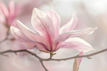 Fototapeta premium Close-up of a blooming magnolia flower with delicate pink petals and subtle veining
