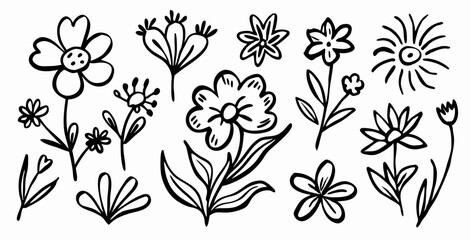 Hand-drawn floral elements: black and white flower illustrations
