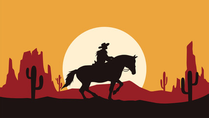 Landscape of a cowboy riding a horse in the desert scenery. Panoramic view of wild west desert with cowboy on horseback during sunset. Vector illustration of scenic canyon with butte and cacti