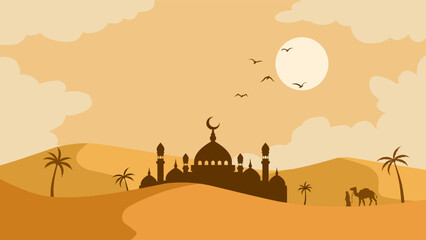 Naklejka premium Landscape of mosque in the desert scenery for Ramadan. Panoramic view of sandy desert with muslim walking alongside camel. Vector illustration of scenic arabian desert for Ramadan Mubarak celebration