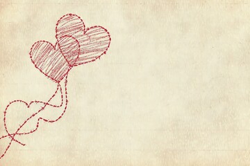 Two red hearts as balloons tied with red strings on parchment like paper background