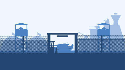 Landscape silhouette of military base scenery. Panoramic view of headquarter with military building and hangar. Vector illustration of scenic military bunker with tank and watchtower