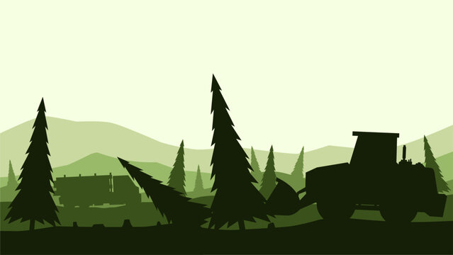 Landscape silhouette of illegal logging in a pine forest. Panoramic view of deforestation with bulldozer and forestry truck. Vector illustration of coniferous forest with illegal tree cutting activity