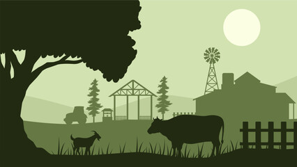 Landscape of farmland with livestock in a countryside scenery. Panoramic view of rural farm with cow and goat in pasture. Vector illustration of scenic countryside building with farmhouse and windmill