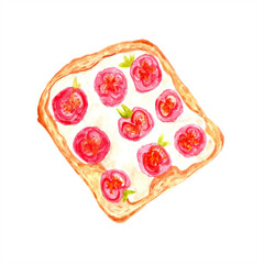 Sandwich on toast with tomatoes and herbs, and cream cheese. Watercolor illustration of food hand drawn. Drawing for posters, prints on fabric, paper, menus. Food, breakfast, lunch, dinner, snack