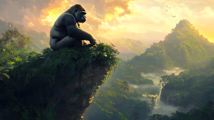 A gorilla is on top of a mountain with a purple sky in the background