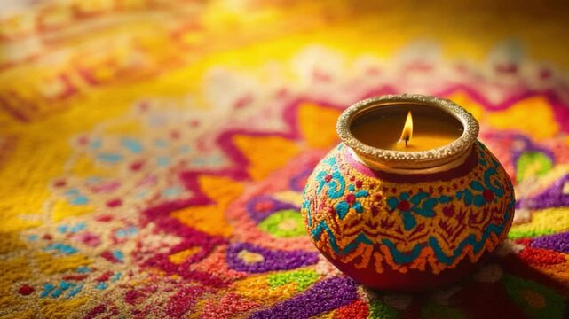 Colorful Decorative Candle with Vibrant Patterns on a Bright Background for Relaxation and Ambiance Enhancement 4k video footage