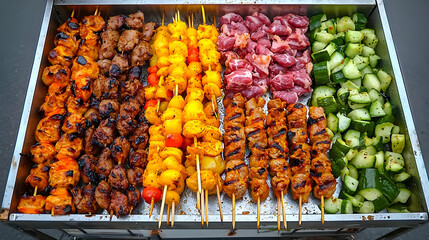 Colorful Variety Of Grilled Skewers On Metal Tray