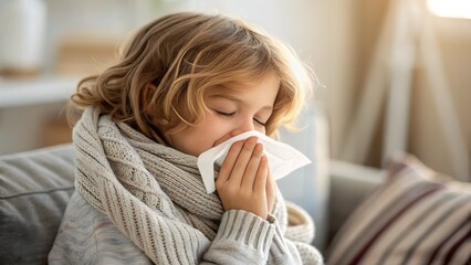 A softly focused image of a child with a runny nose, representing seasonal allergies. Perfect for topics on pediatric health, allergy awareness, and preventive care.