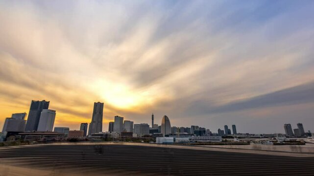  横浜大桟橋からのみなとみらいの夕景（ハイパーラプス撮影）固定