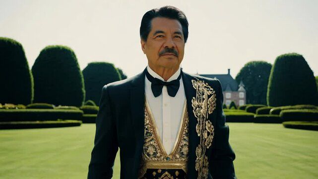 The camera slowly zooms in as a regal 58-year-old asian man in a mexican charro suit walks confidently, facing the camera, across a grand estate garden