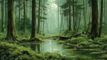 Serene Enchantment Misty Forest Stream and Ancient Trees