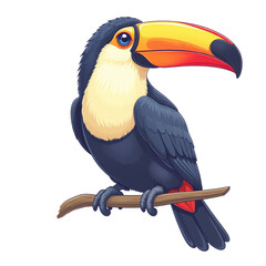 Obraz premium Toco toucan bird illustration with colorful beak perched on a branch for educational posters and children's book design