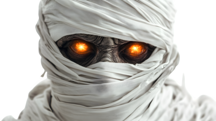 A detailed image of a mummy wrapped in white bandages with glowing eyes, isolated on white background