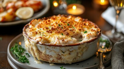 Delicious cheesy baked casserole dish with golden crust creamy filling topped with herbs served on a plate at cozy dinner setting with candles