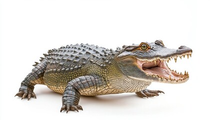 Juvenile Crocodile Closeup Open Mouth, Detailed Scales, White Background