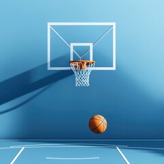 Fototapeta premium Basketball hoop on a light blue wall, with a ball in mid-air, casting a shadow. Simple, stylized, 3D rendering of a basketball court