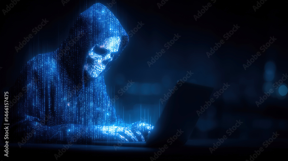 Poster a hooded digital figure with a skull face types on a laptop amid glowing binary code in a dark, cybe