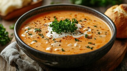 Creamy tomato soup in a black bowl garnished with fresh parsley on a wooden table with bread and herbs in the background, ideal for lunch or dinner
