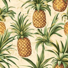 Vintage Tropical Pineapple Illustration: Yellow Botanical Repeat Pattern for Exotic Summer Kitchen Decor and Wallpaper Design