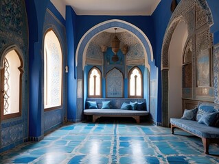 Fototapeta premium Elegant Blue Moroccan Architecture Featuring Intricate Geometric Patterns and Ornamental Design