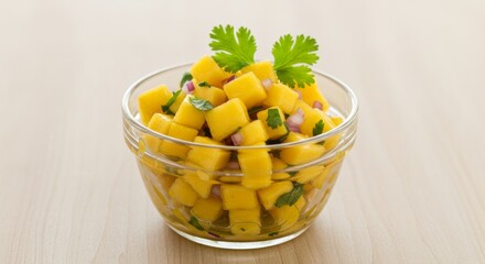 Diced Mango Salsa with Cilantro in Glass Bowl