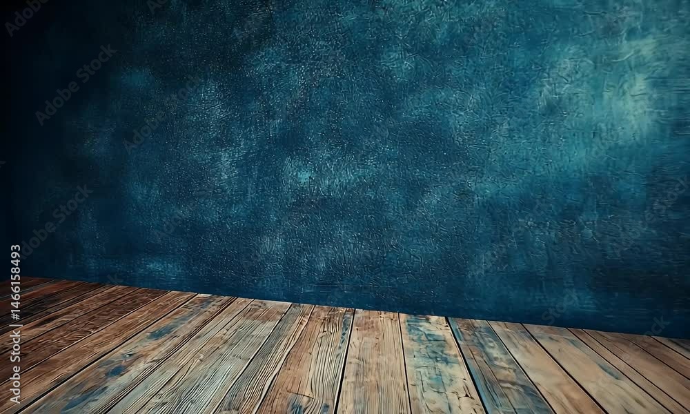 Poster a blue wall with a wooden floor in front of it, creating an empty space for product display or prese