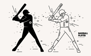 illustration of a baseball batter. Thin line and black silhouette graphic style for your design. Black print on white background