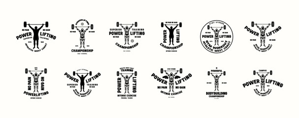 Set of emblems with powerlifter silhouette. Gym, workout, bodybuilding and athletic  theme. Graphic design for t-shirt. Black print on white background