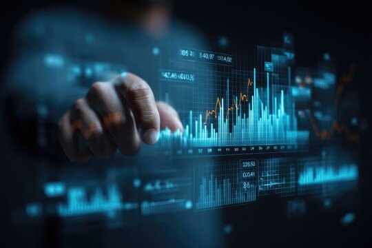 Investor reviewing world stock market graphs highlighting trends and financial data futuristic trading platform