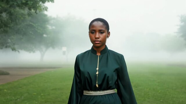 The camera slowly zooms out as a young nigerian woman in iro and buba walks confidently, facing the camera, through a misty morning park