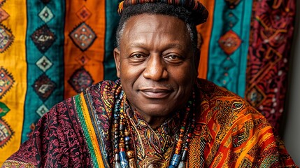 Obraz premium Portrait of man in traditional attire with vibrant patterns and colors