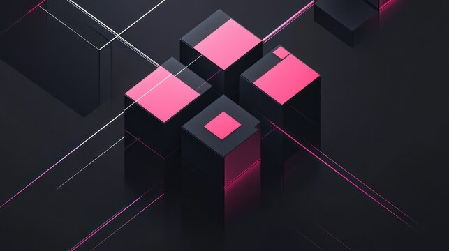 Fototapeta Abstract geometric design with dark background and vibrant pink accents. Interlocking 3D cubes and lines create a complex, layered visual effect