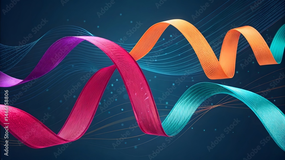 Poster colorful ribbons floating on a dark blue background with wavy lines and small dots scattered around 