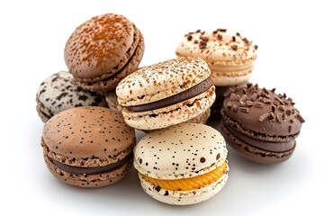 Colorful assortment of delicious macarons stacked on a white surface studio shot