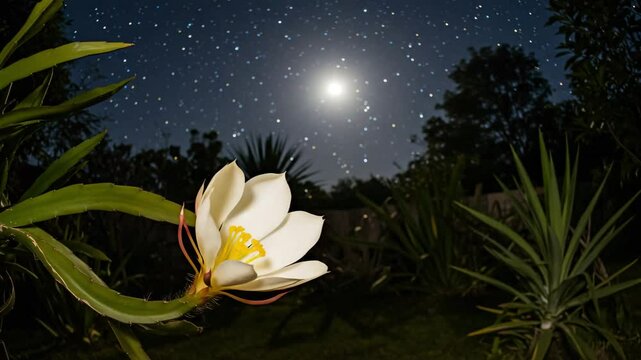 Night-blooming cereus flower opens slowly under moonlight stars  