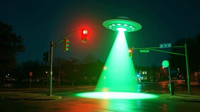 UFO emits green light beam over traffic light at night  