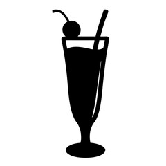 punch glass with cherry vector silhouette icon, black and white illustration of drinks.