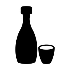 sake bottle and cup vector silhouette icon, black and white illustration of drinks.